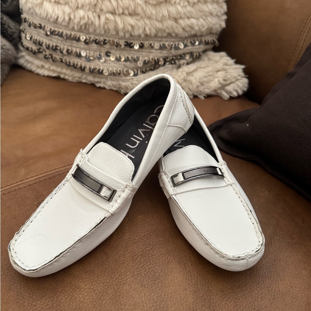 Calvin Klein White Leather Slip-On Driving Loafers with Metal Bit